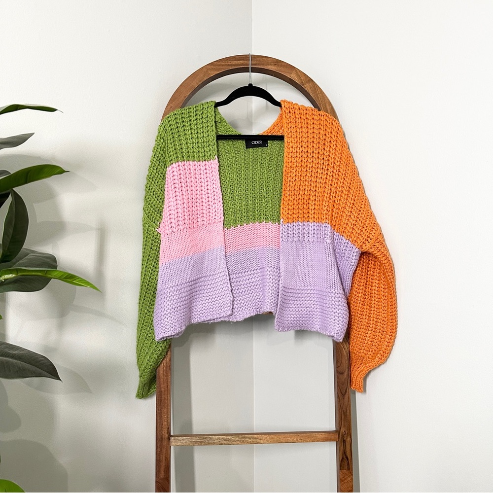 Cider Colorblock Knit Cardigan in Green, Orange, Pink, Lavender